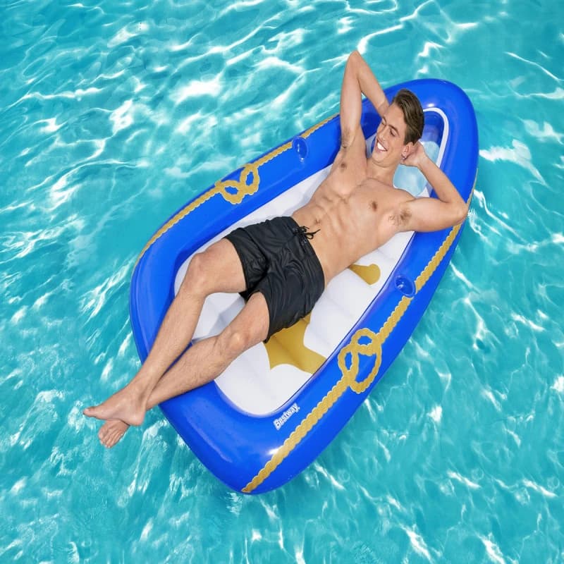 فرشة جلوس نفخ من بيست واي بتصميم قارب، مقاس 190 × 107 سم – مثالية للاسترخاء في الماء مع تصميم مميز.