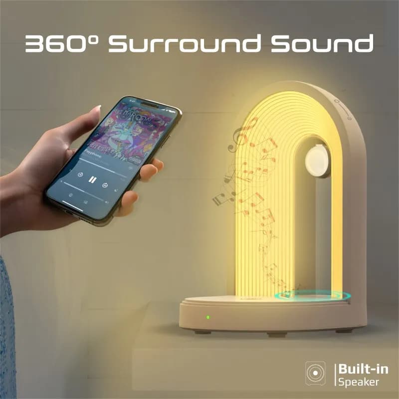 مصباح LED 3 في 1 مع شاحن لاسلكي ومكبر صوت بلوتوث