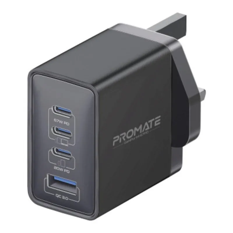 شاحن جداري Promate GaN 67 واط مع USB-C وQC 3.0 سريع وآمن